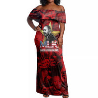 MLK Day Off Shoulder Maxi Dress Martin Luther King Jr Tribute American Flag Lettering - Wonder Print Shop