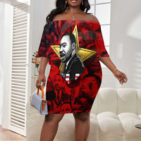 MLK Day Off Shoulder Short Dress Martin Luther King Jr Tribute American Flag Lettering - Wonder Print Shop