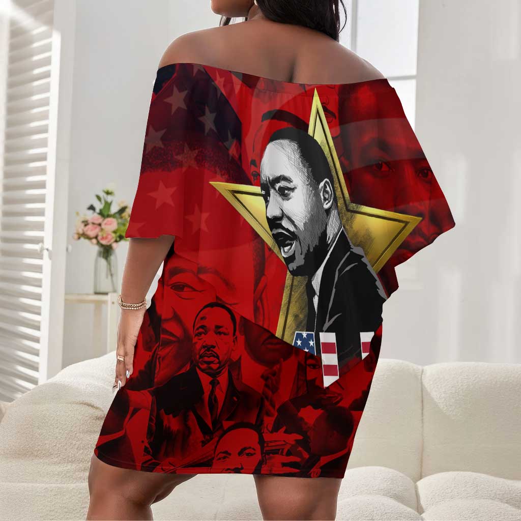 MLK Day Off Shoulder Short Dress Martin Luther King Jr Tribute American Flag Lettering - Wonder Print Shop