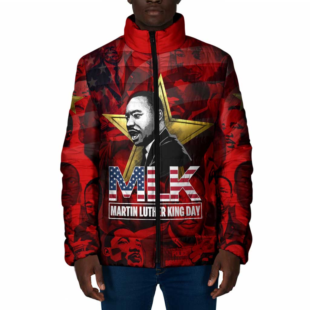 MLK Day Padded Jacket Martin Luther King Jr Tribute American Flag Lettering - Wonder Print Shop