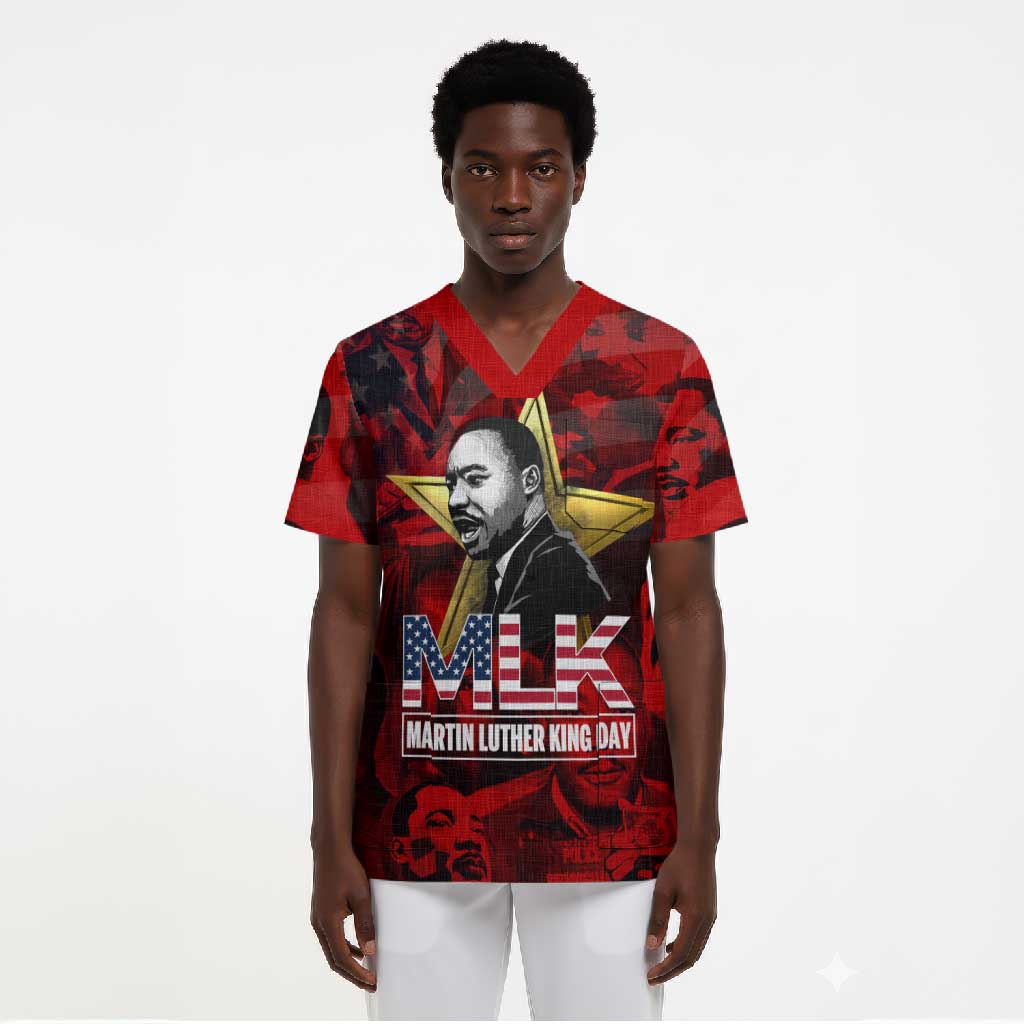 MLK Day Scrub Top Martin Luther King Jr Tribute American Flag Lettering - Wonder Print Shop