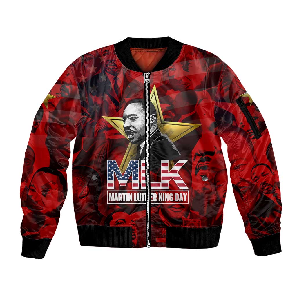 MLK Day Sleeve Zip Bomber Jacket Martin Luther King Jr Tribute American Flag Lettering - Wonder Print Shop