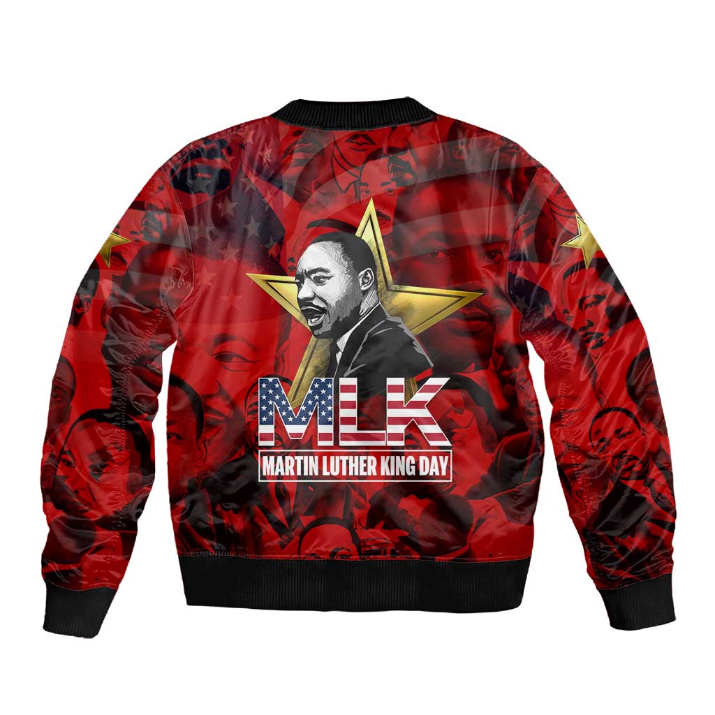 MLK Day Sleeve Zip Bomber Jacket Martin Luther King Jr Tribute American Flag Lettering - Wonder Print Shop