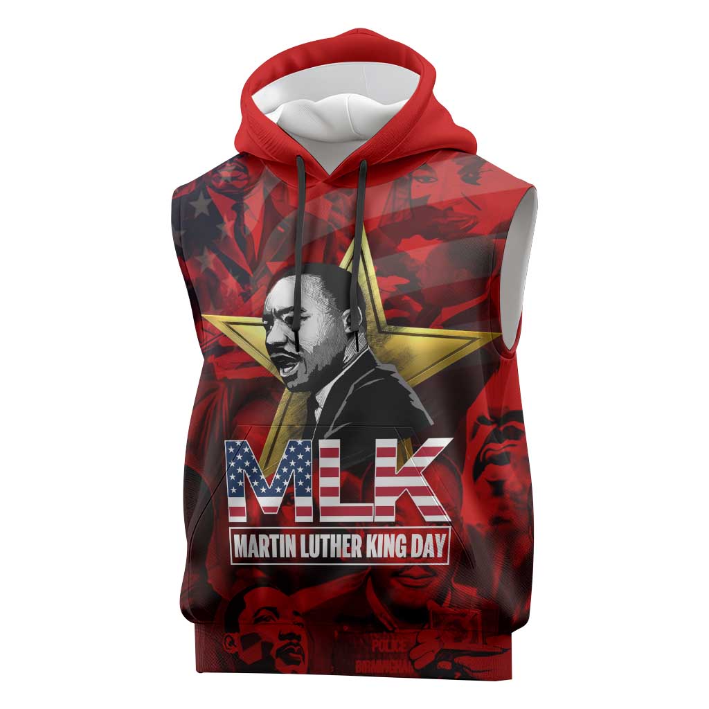 MLK Day Sleeveless Hoodie Martin Luther King Jr Tribute American Flag Lettering - Wonder Print Shop
