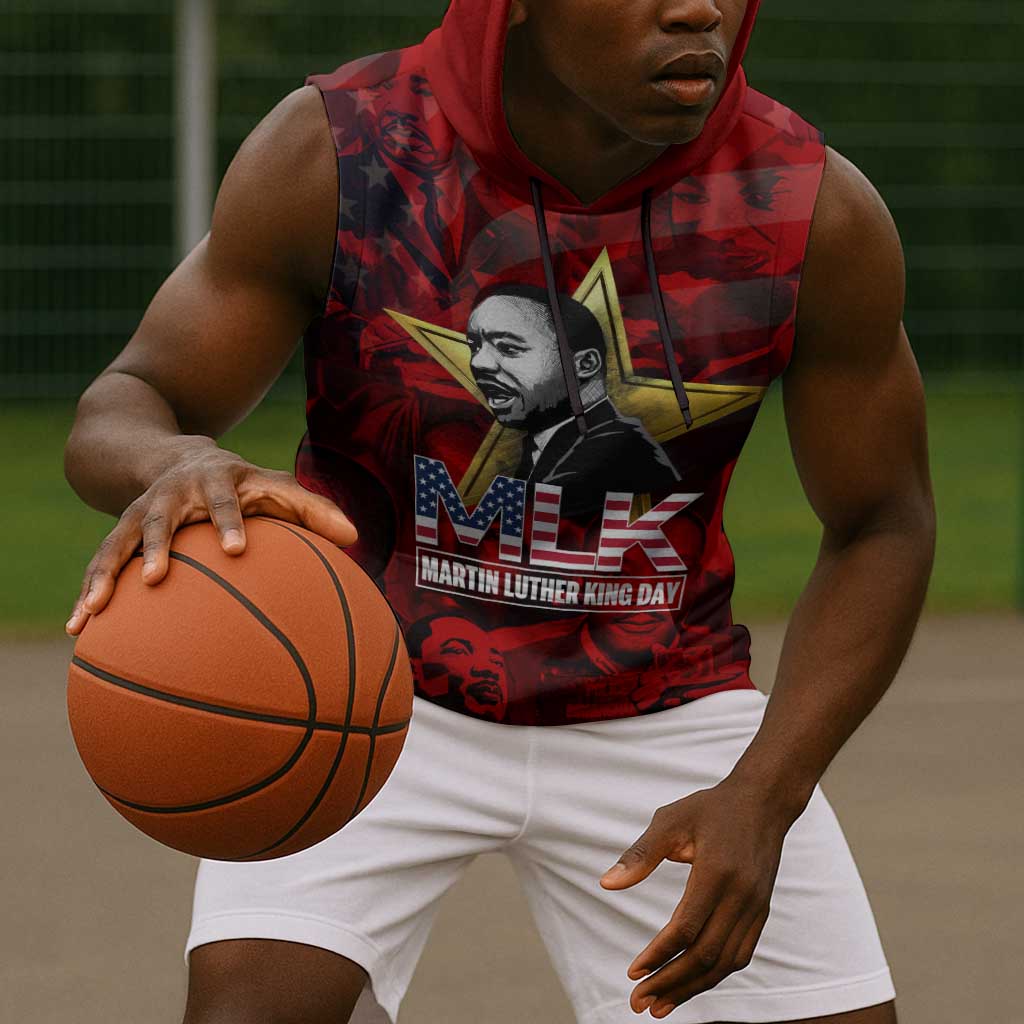 MLK Day Sleeveless Hoodie Martin Luther King Jr Tribute American Flag Lettering - Wonder Print Shop