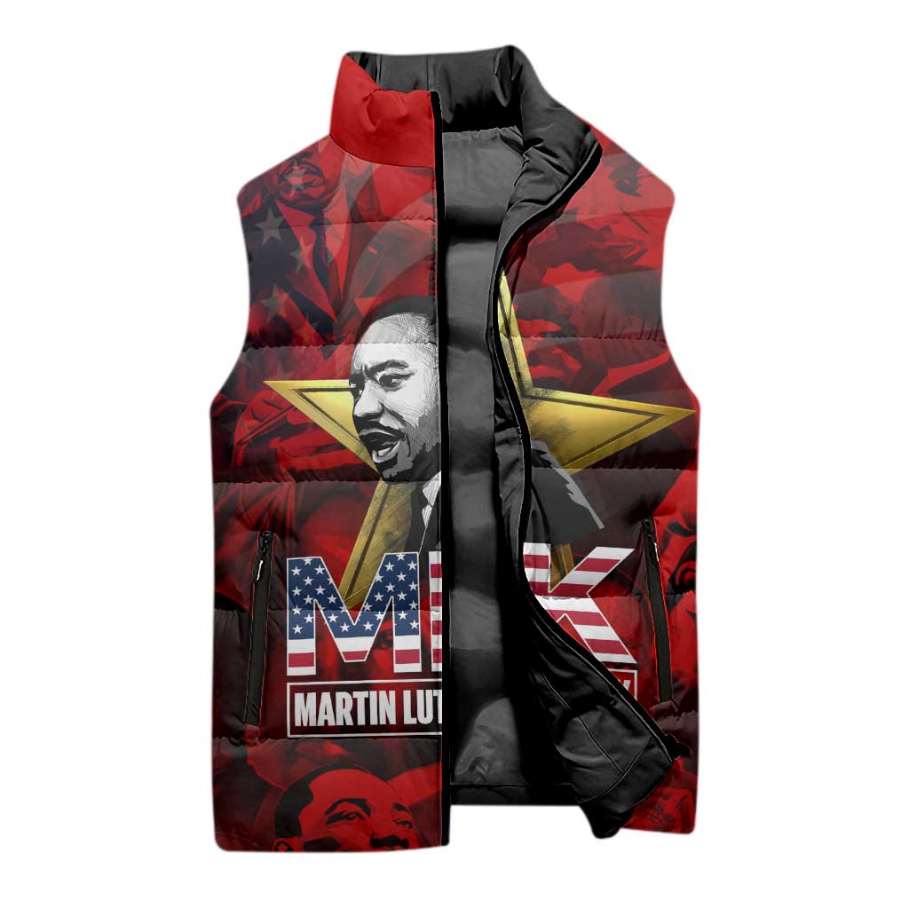 MLK Day Sleeveless Puffer Jacket Martin Luther King Jr Tribute American Flag Lettering - Wonder Print Shop