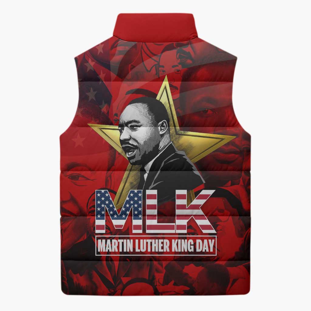 MLK Day Sleeveless Puffer Jacket Martin Luther King Jr Tribute American Flag Lettering - Wonder Print Shop