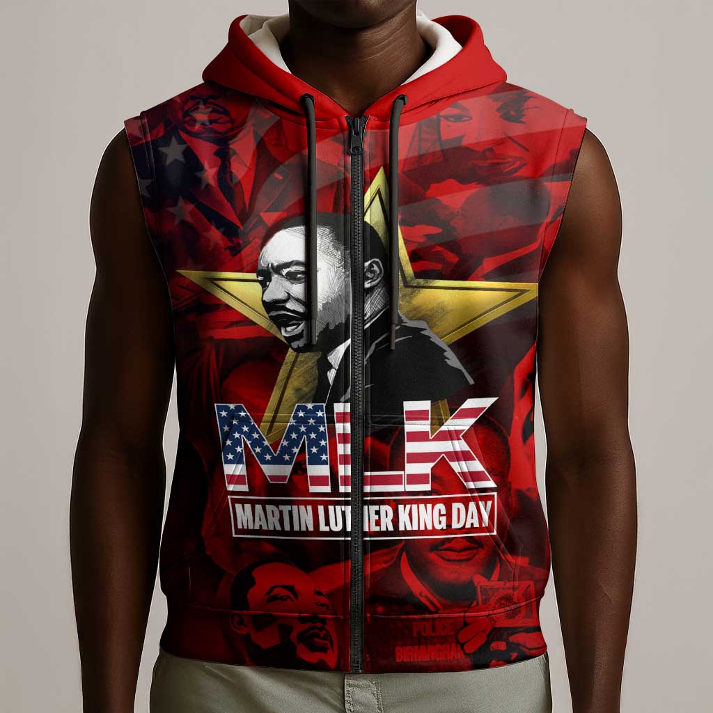 MLK Day Sleeveless Zip Hoodie Martin Luther King Jr Tribute American Flag Lettering - Wonder Print Shop