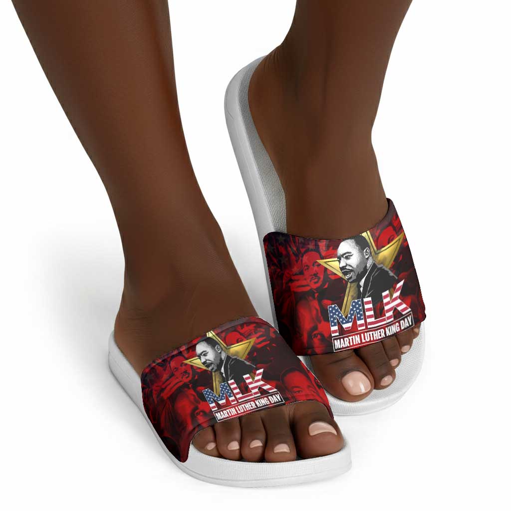 MLK Day Slide Sandals Martin Luther King Jr Tribute American Flag Lettering - Wonder Print Shop