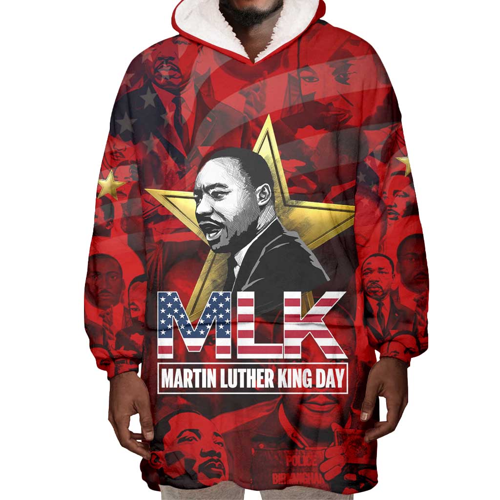 MLK Day Wearable Blanket Hoodie Martin Luther King Jr Tribute American Flag Lettering - Wonder Print Shop