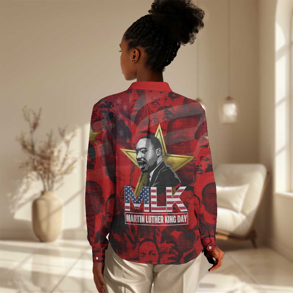 MLK Day Women Casual Shirt Martin Luther King Jr Tribute American Flag Lettering - Wonder Print Shop