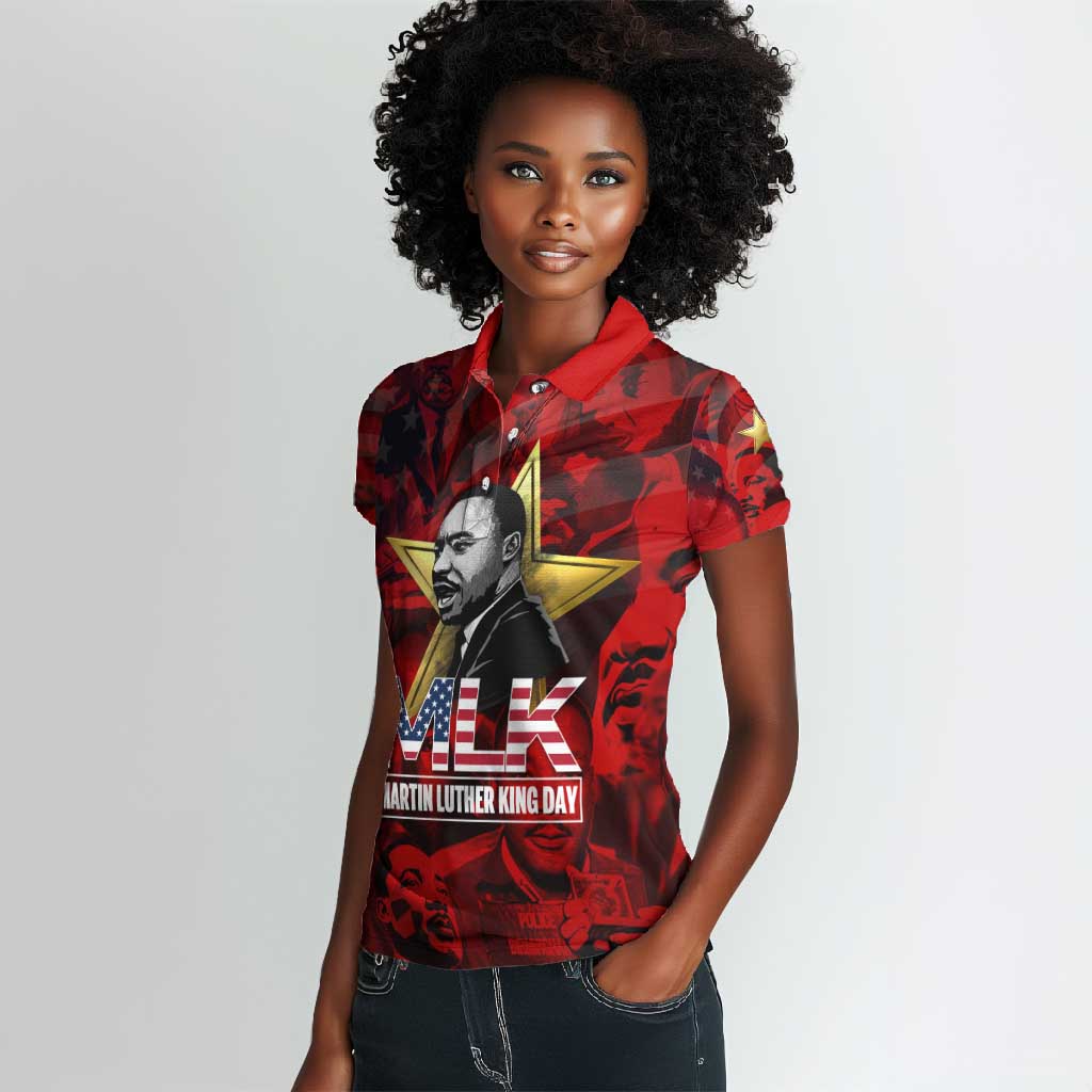 MLK Day Women Polo Shirt Martin Luther King Jr Tribute American Flag Lettering - Wonder Print Shop