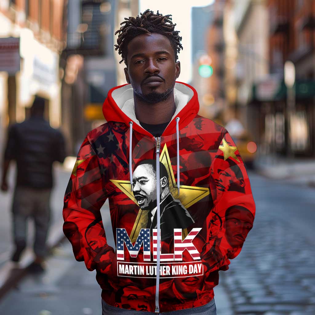 MLK Day Zip Hoodie Martin Luther King Jr Tribute American Flag Lettering - Wonder Print Shop