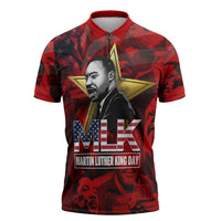 MLK Day Zipper Polo Shirt Martin Luther King Jr Tribute American Flag Lettering - Wonder Print Shop