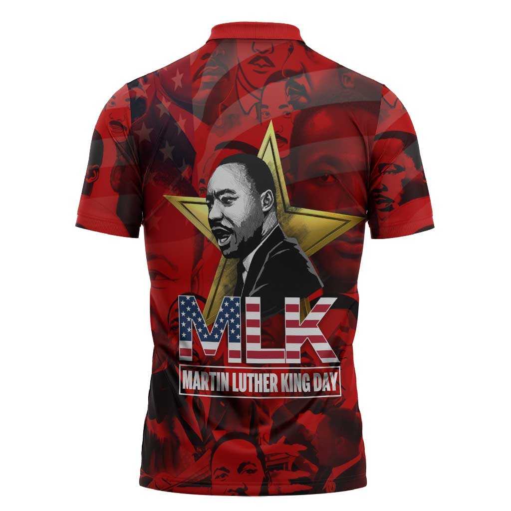 MLK Day Zipper Polo Shirt Martin Luther King Jr Tribute American Flag Lettering - Wonder Print Shop