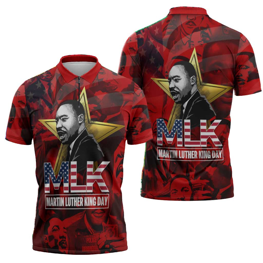 MLK Day Zipper Polo Shirt Martin Luther King Jr Tribute American Flag Lettering - Wonder Print Shop