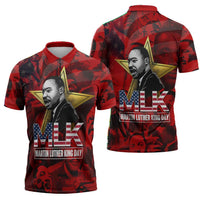 MLK Day Zipper Polo Shirt Martin Luther King Jr Tribute American Flag Lettering - Wonder Print Shop
