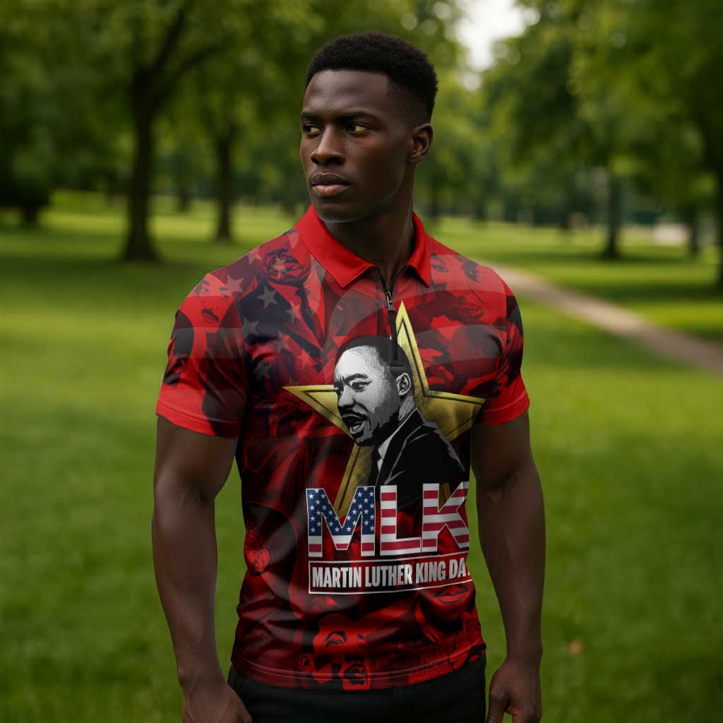 MLK Day Zipper Polo Shirt Martin Luther King Jr Tribute American Flag Lettering - Wonder Print Shop