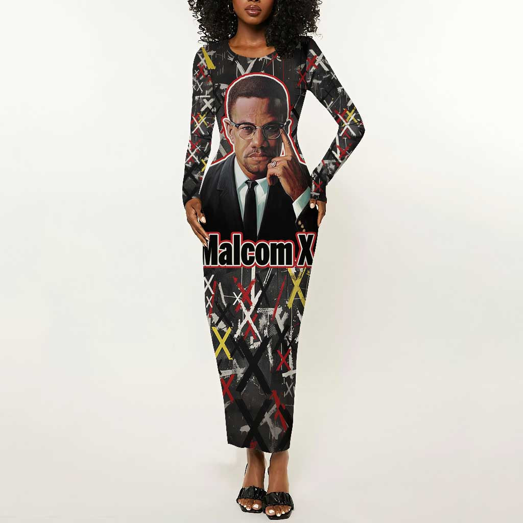 Malcolm X Long Sleeve Bodycon Dress Street Art Style Portrait Quote The Future Belongs to Those Who Prepare Civil Rights Tribute - Wonder Print Shop
