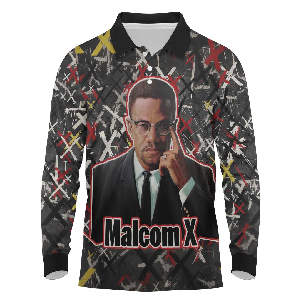 Malcolm X Long Sleeve Polo Shirt Street Art Style Portrait Quote The Future Belongs to Those Who Prepare Civil Rights Tribute - Wonder Print Shop