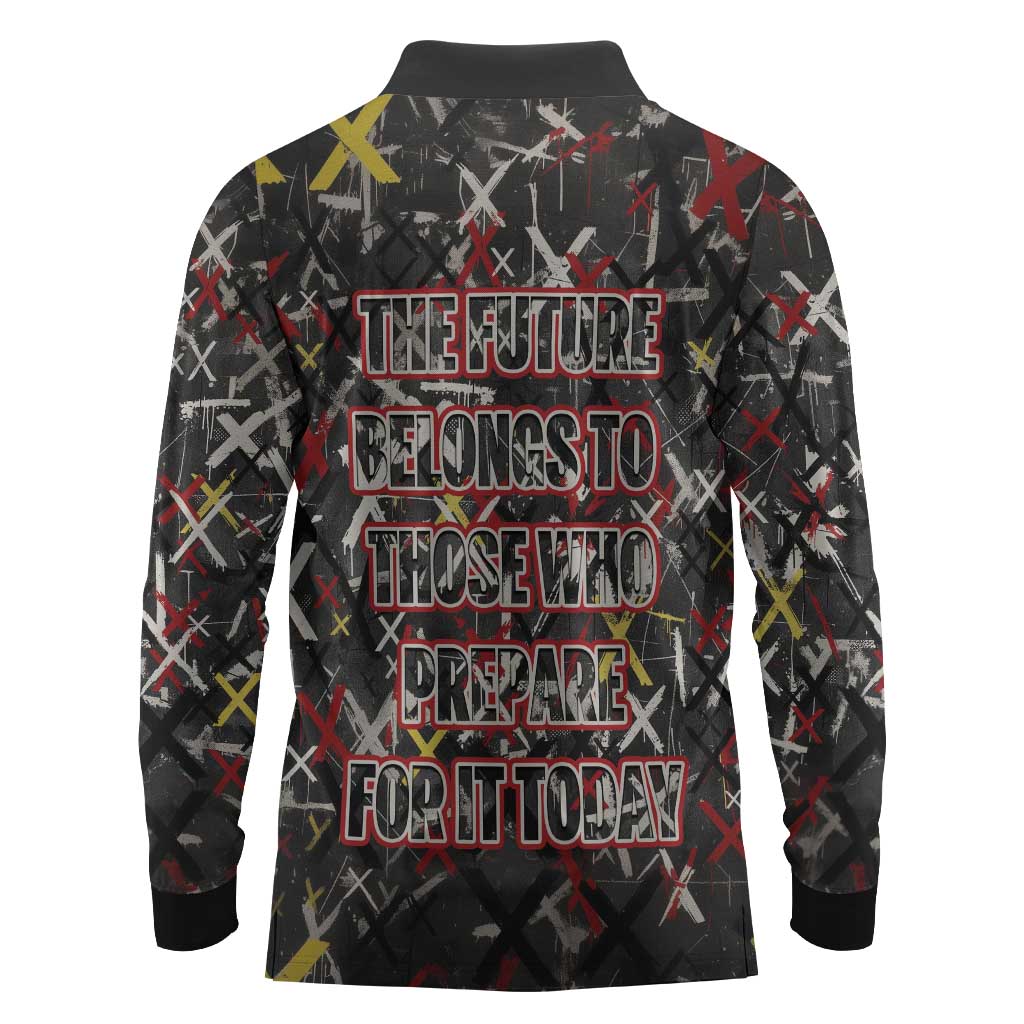 Malcolm X Long Sleeve Polo Shirt Street Art Style Portrait Quote The Future Belongs to Those Who Prepare Civil Rights Tribute - Wonder Print Shop