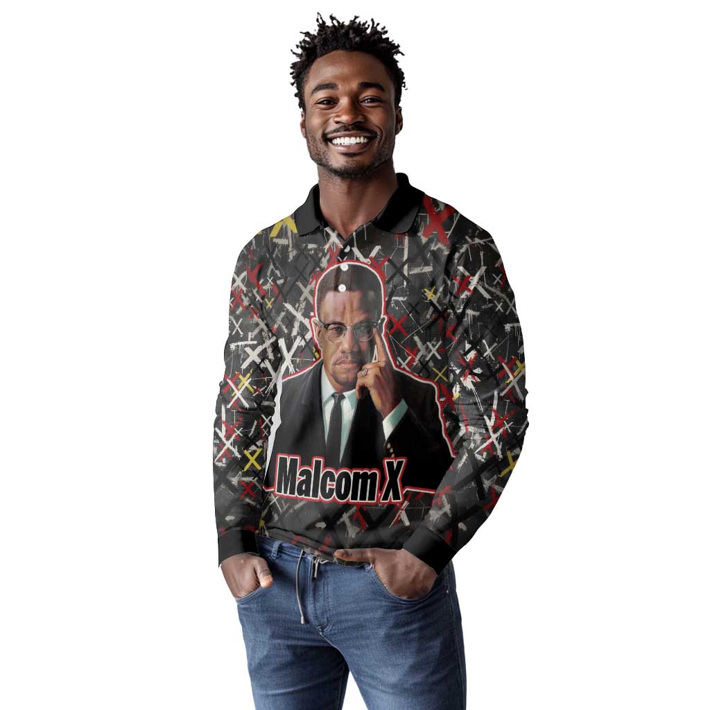 Malcolm X Long Sleeve Polo Shirt Street Art Style Portrait Quote The Future Belongs to Those Who Prepare Civil Rights Tribute - Wonder Print Shop