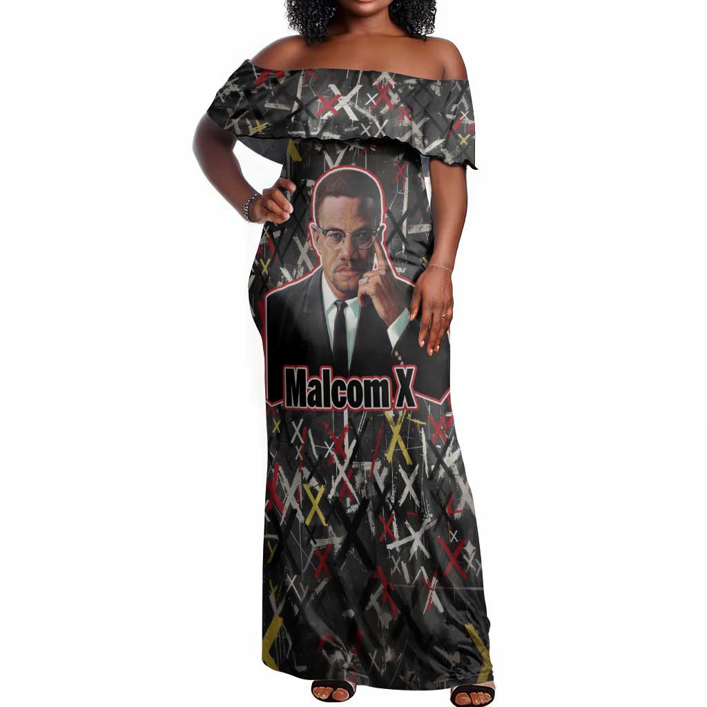 Malcolm X Off Shoulder Maxi Dress Street Art Style Portrait Quote The Future Belongs to Those Who Prepare Civil Rights Tribute - Wonder Print Shop