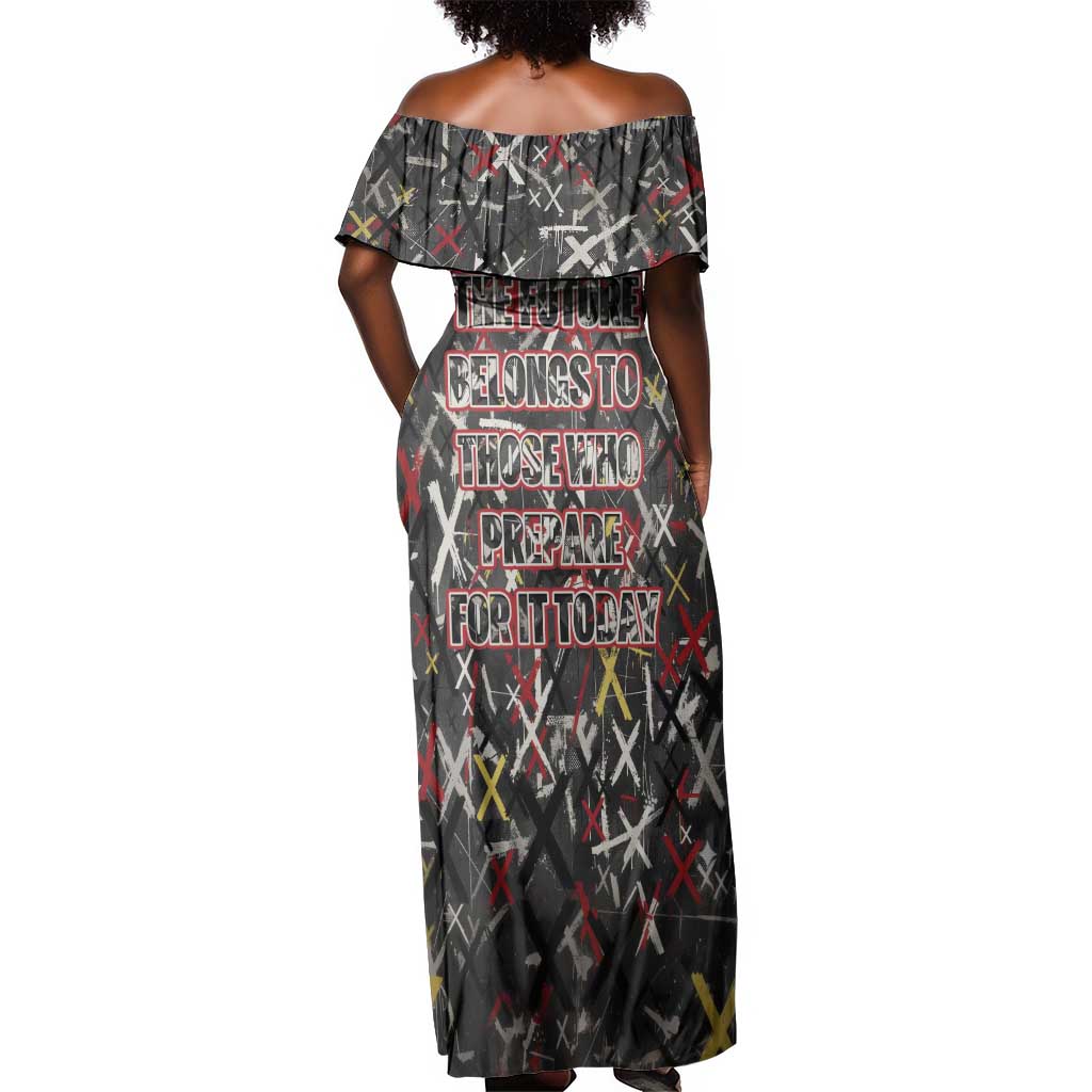 Malcolm X Off Shoulder Maxi Dress Street Art Style Portrait Quote The Future Belongs to Those Who Prepare Civil Rights Tribute - Wonder Print Shop