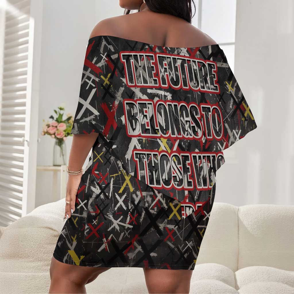 Malcolm X Off Shoulder Short Dress Street Art Style Portrait Quote The Future Belongs to Those Who Prepare Civil Rights Tribute - Wonder Print Shop