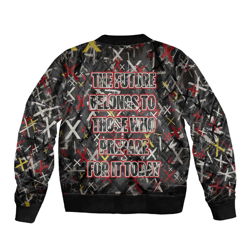 Malcolm X Sleeve Zip Bomber Jacket Street Art Style Portrait Quote The Future Belongs to Those Who Prepare Civil Rights Tribute - Wonder Print Shop