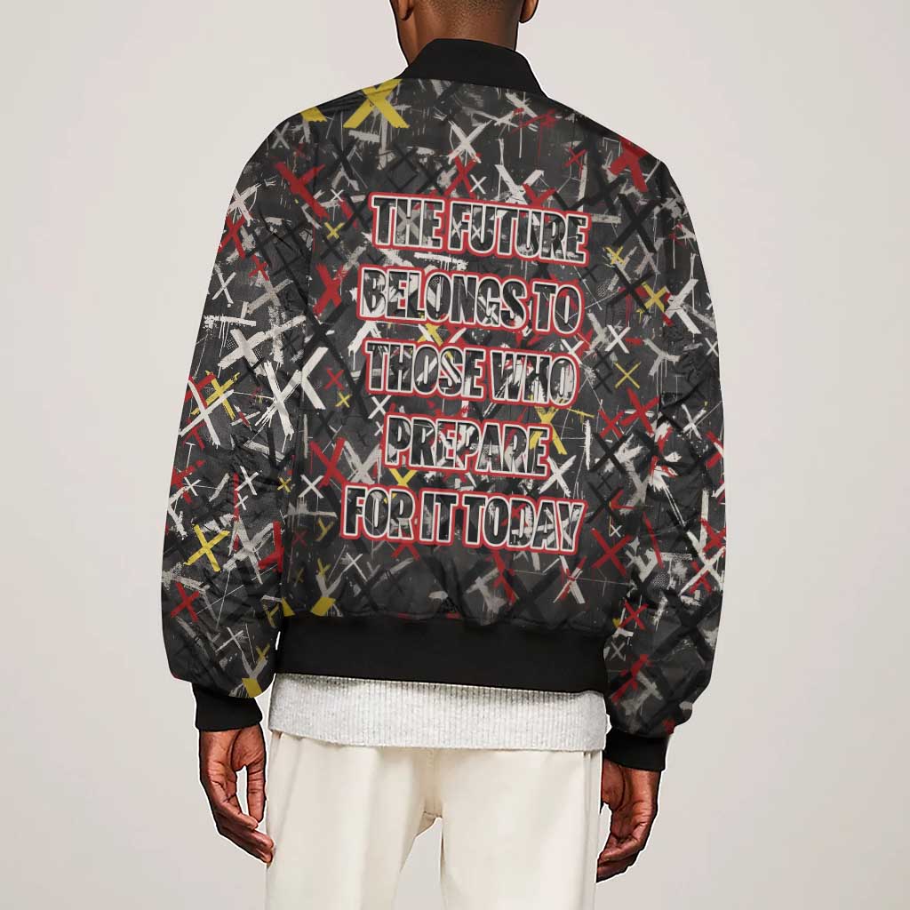 Malcolm X Sleeve Zip Bomber Jacket Street Art Style Portrait Quote The Future Belongs to Those Who Prepare Civil Rights Tribute - Wonder Print Shop