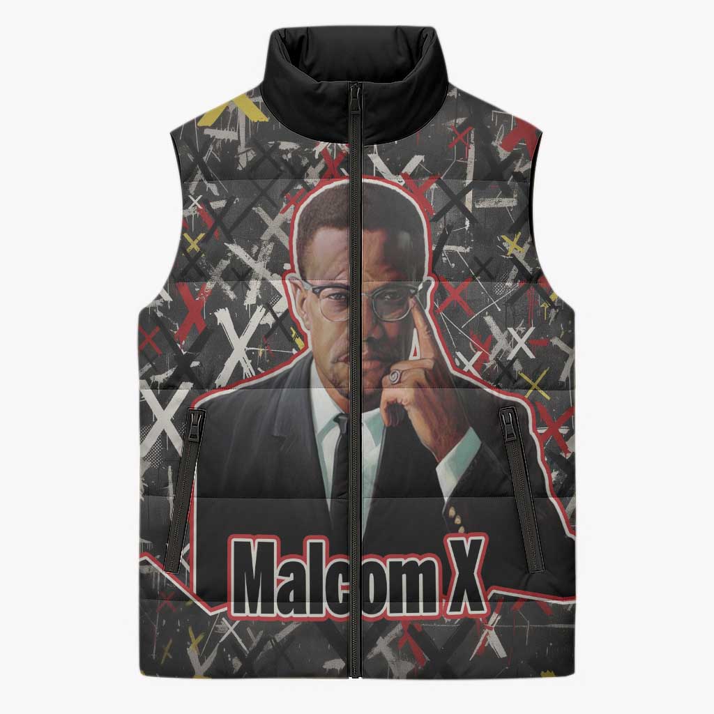 Malcolm X Sleeveless Puffer Jacket Street Art Style Portrait Quote The Future Belongs to Those Who Prepare Civil Rights Tribute - Wonder Print Shop