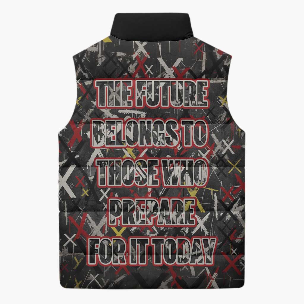 Malcolm X Sleeveless Puffer Jacket Street Art Style Portrait Quote The Future Belongs to Those Who Prepare Civil Rights Tribute - Wonder Print Shop