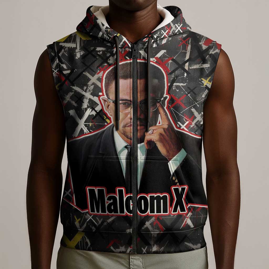 Malcolm X Sleeveless Zip Hoodie Street Art Style Portrait Quote The Future Belongs to Those Who Prepare Civil Rights Tribute - Wonder Print Shop