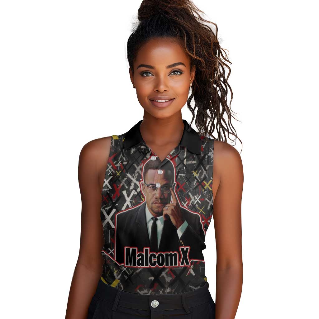 Malcolm X Women Sleeveless Polo Shirt Street Art Style Portrait Quote The Future Belongs to Those Who Prepare Civil Rights Tribute - Wonder Print Shop