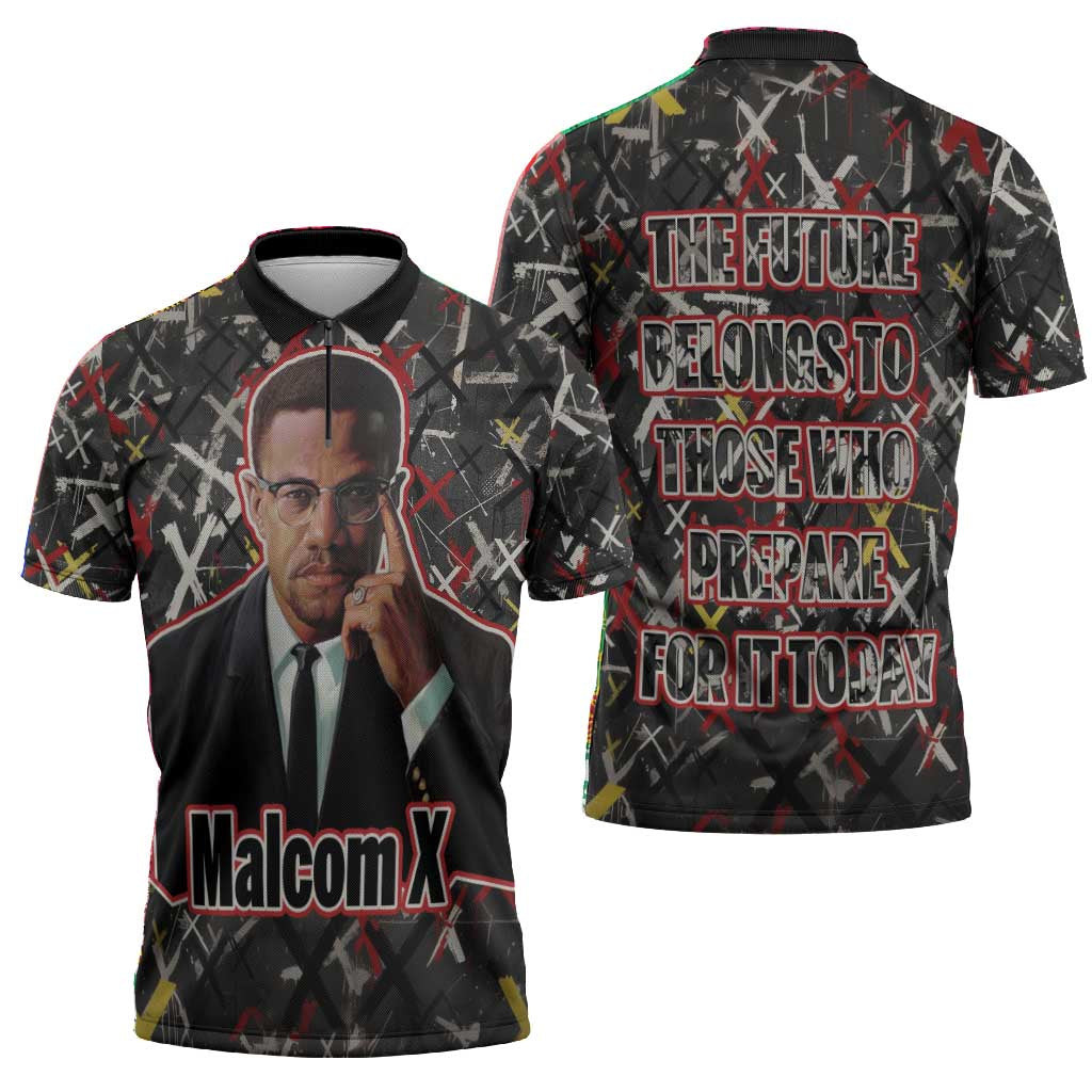 Malcolm X Zipper Polo Shirt Street Art Style Portrait Quote The Future Belongs to Those Who Prepare Civil Rights Tribute - Wonder Print Shop
