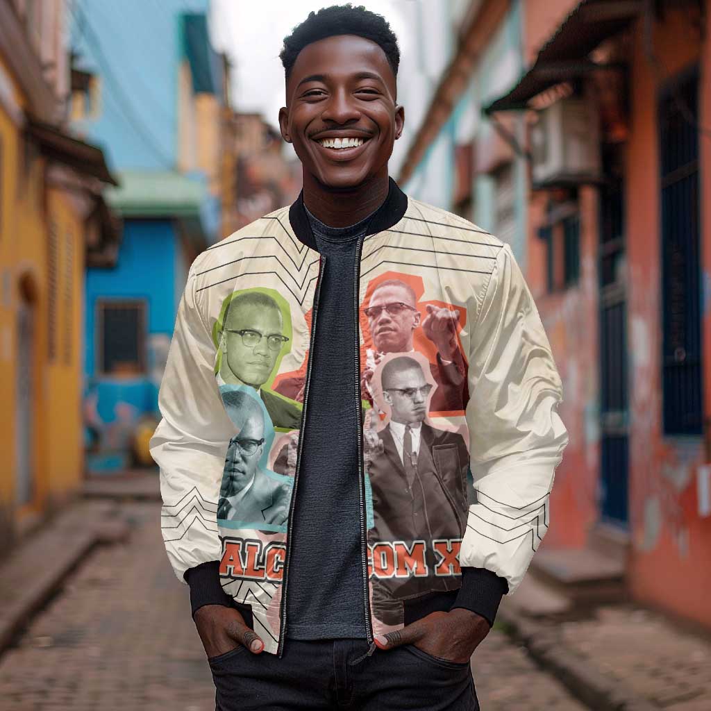 Malcolm X Bomber Jacket Pop Art Portrait Collage Civil Rights Activist Retro Style Design - Wonder Print Shop