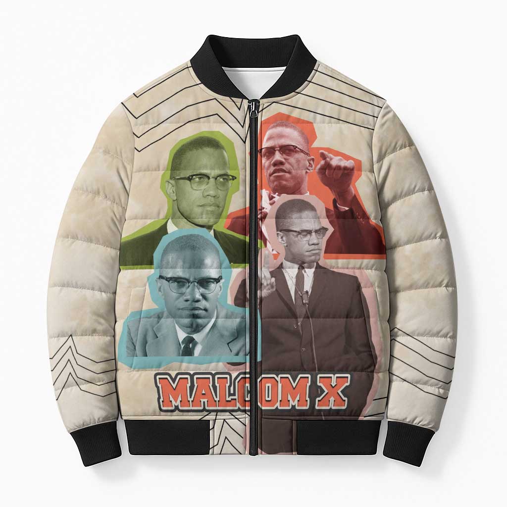 Malcolm X Bomber Puffer Jacket Pop Art Portrait Collage Civil Rights Activist Retro Style Design - Wonder Print Shop