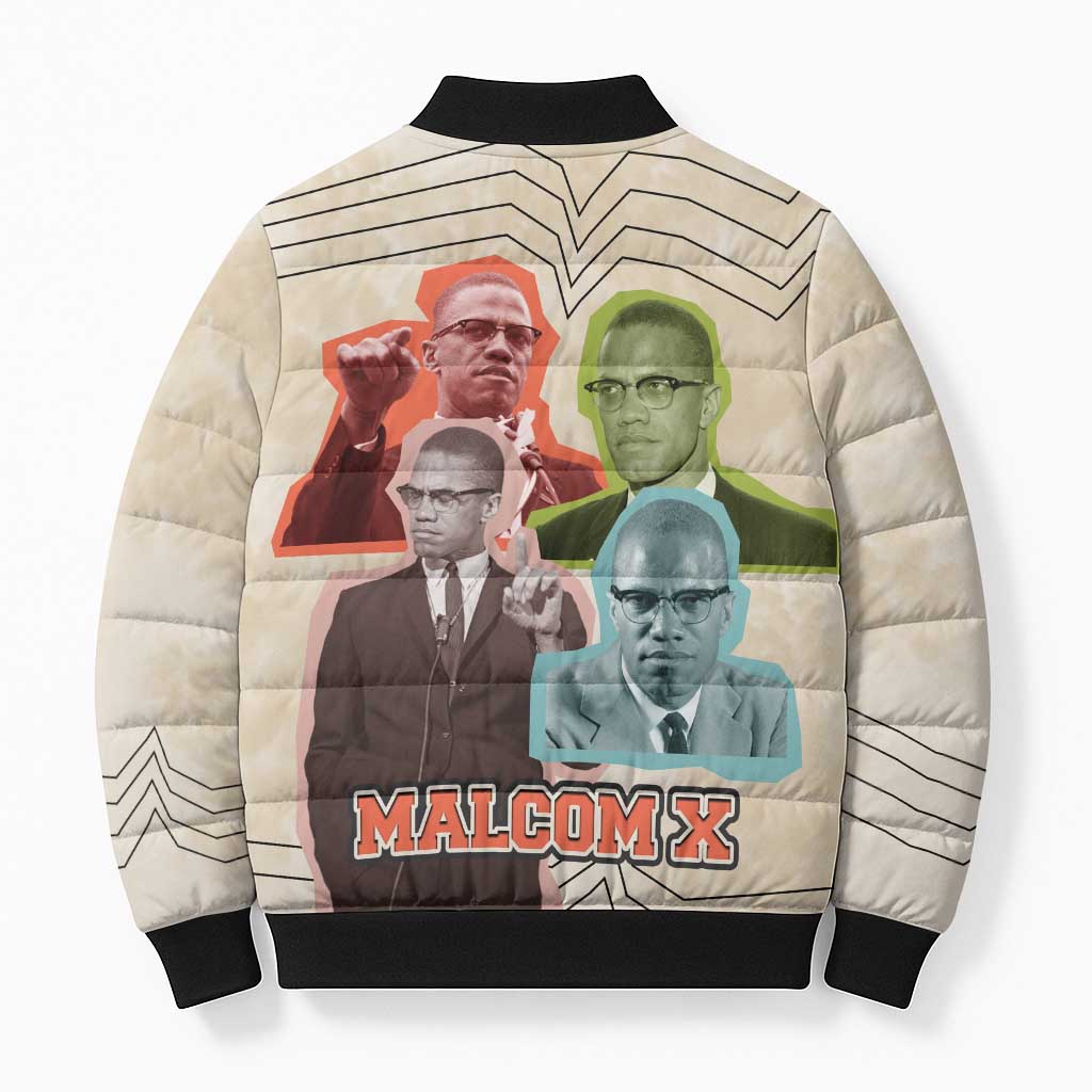 Malcolm X Bomber Puffer Jacket Pop Art Portrait Collage Civil Rights Activist Retro Style Design - Wonder Print Shop