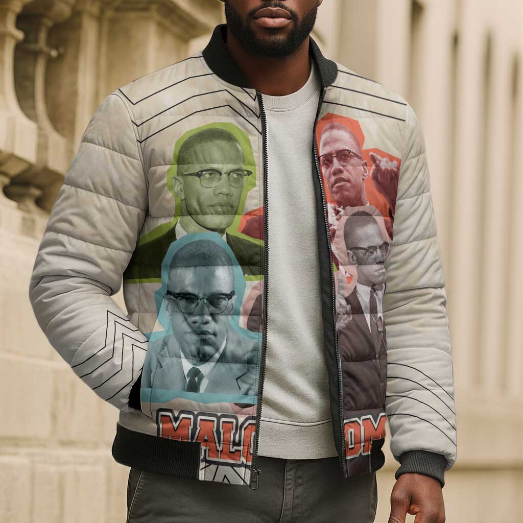 Malcolm X Bomber Puffer Jacket Pop Art Portrait Collage Civil Rights Activist Retro Style Design - Wonder Print Shop
