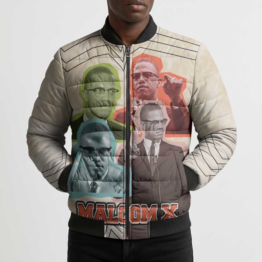 Malcolm X Bomber Puffer Jacket Pop Art Portrait Collage Civil Rights Activist Retro Style Design - Wonder Print Shop