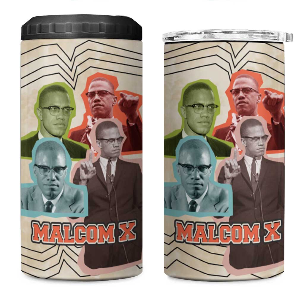 Malcolm X 4 in 1 Can Cooler Tumbler Pop Art Portrait Collage Civil Rights Activist Retro Style Design - Wonder Print Shop