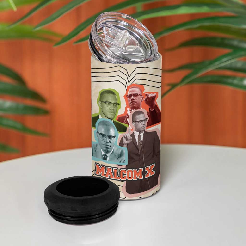 Malcolm X 4 in 1 Can Cooler Tumbler Pop Art Portrait Collage Civil Rights Activist Retro Style Design - Wonder Print Shop
