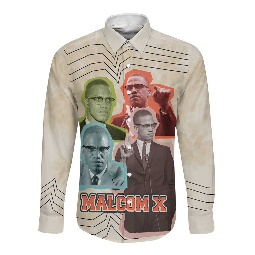 Malcolm X Long Sleeve Button Shirt Pop Art Portrait Collage Civil Rights Activist Retro Style Design - Wonder Print Shop