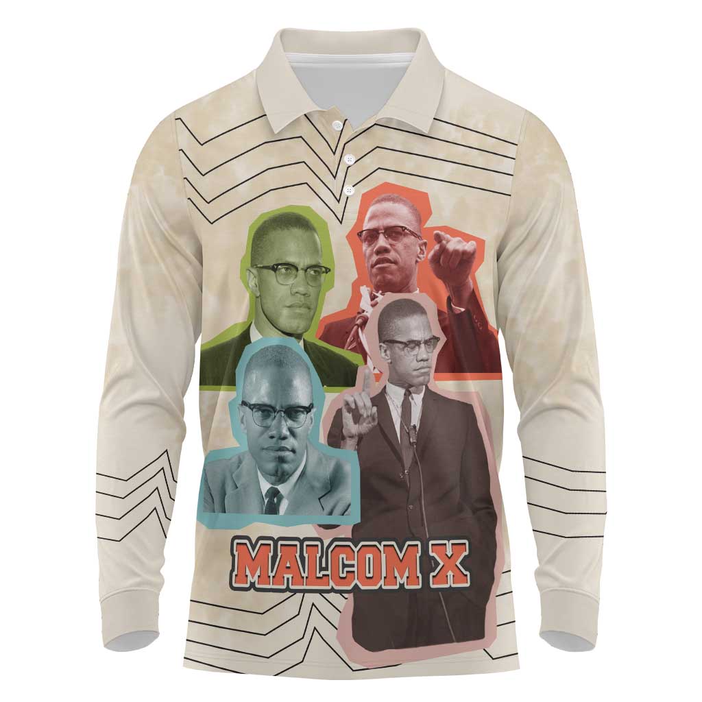 Malcolm X Long Sleeve Polo Shirt Pop Art Portrait Collage Civil Rights Activist Retro Style Design - Wonder Print Shop