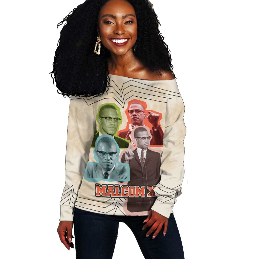 Malcolm X Off Shoulder Sweater Pop Art Portrait Collage Civil Rights Activist Retro Style Design - Wonder Print Shop
