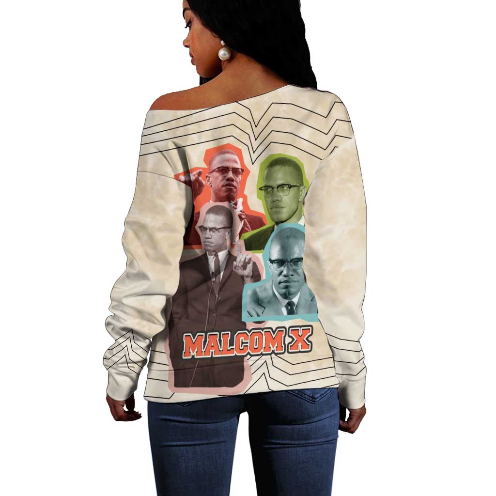 Malcolm X Off Shoulder Sweater Pop Art Portrait Collage Civil Rights Activist Retro Style Design - Wonder Print Shop