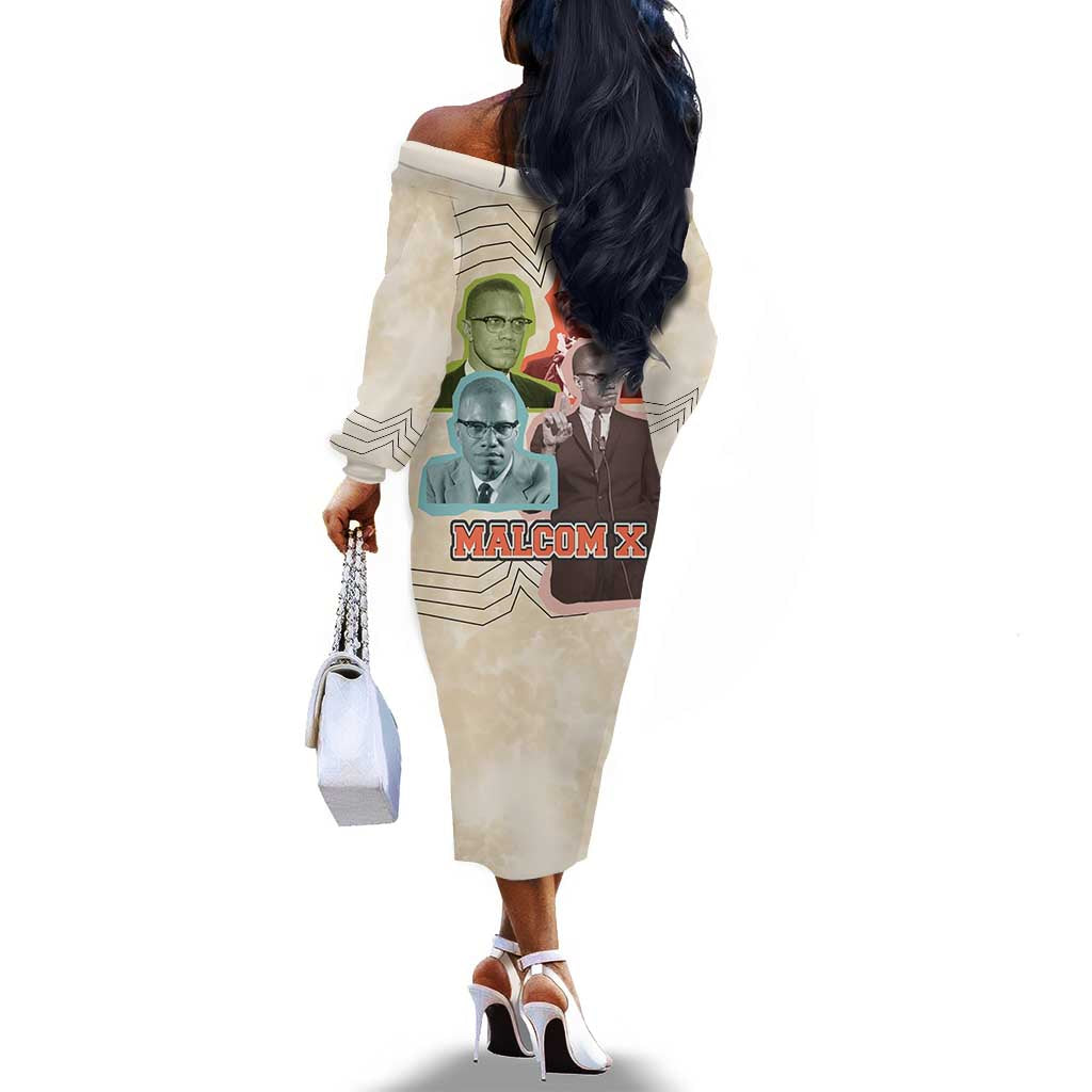 Malcolm X Off The Shoulder Long Sleeve Dress Pop Art Portrait Collage Civil Rights Activist Retro Style Design - Wonder Print Shop