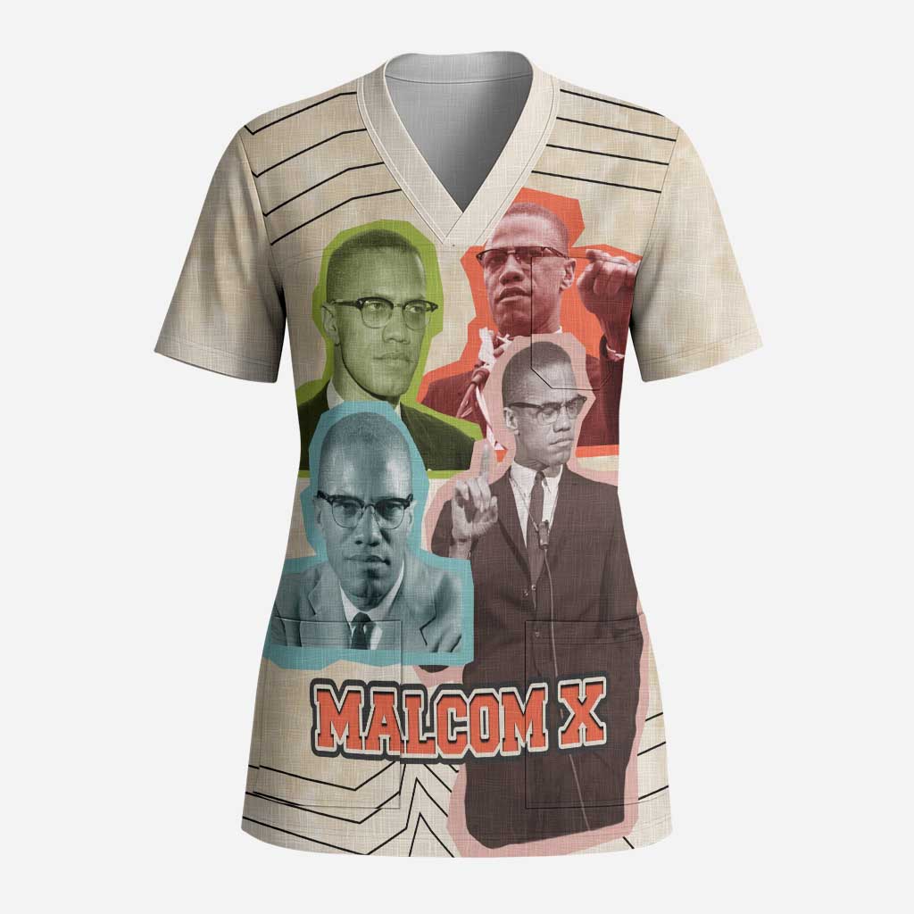 Malcolm X Scrub Top Pop Art Portrait Collage Civil Rights Activist Retro Style Design - Wonder Print Shop