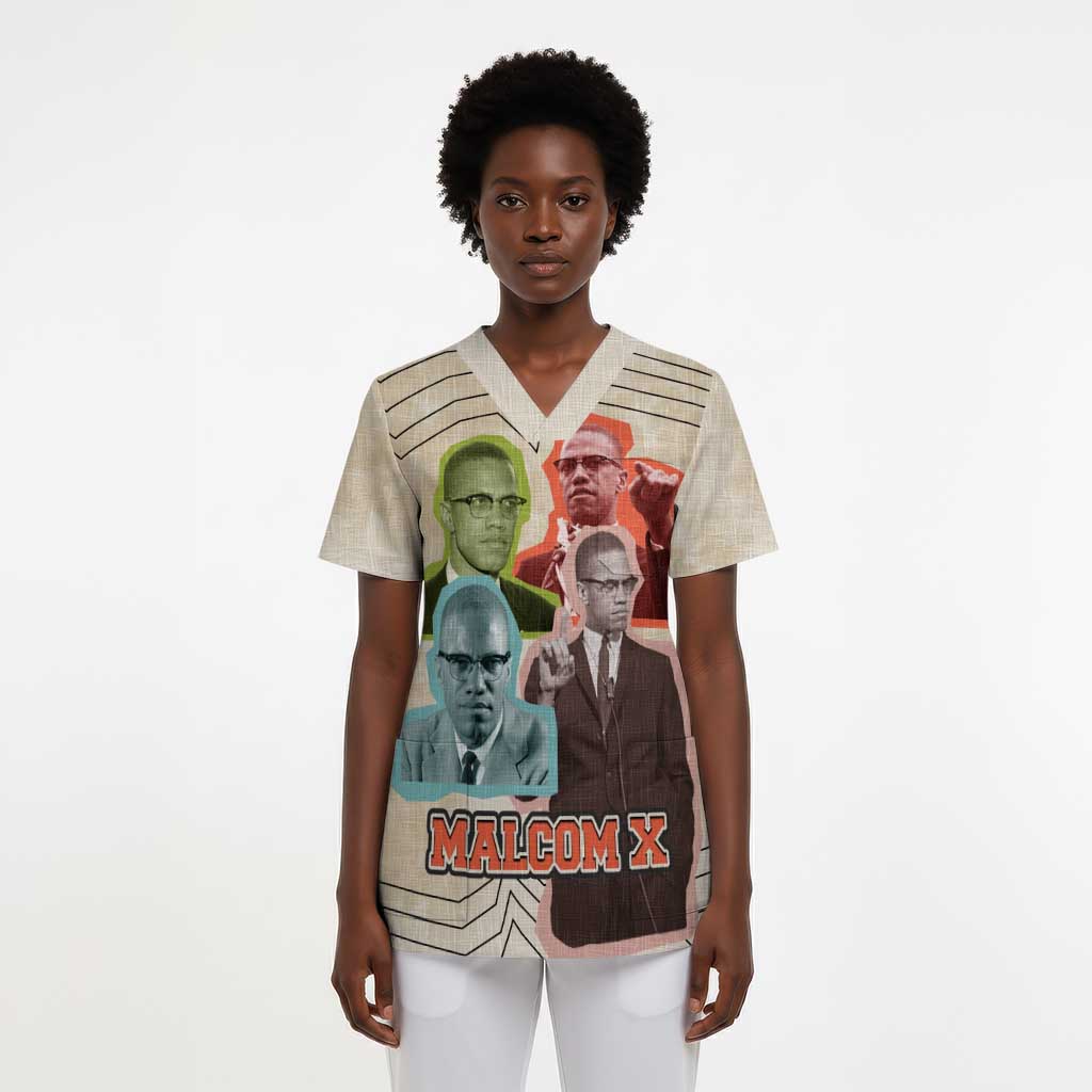 Malcolm X Scrub Top Pop Art Portrait Collage Civil Rights Activist Retro Style Design - Wonder Print Shop